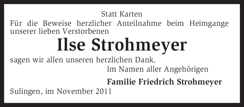  Traueranzeige für Ilse Strohmeyer vom 26.11.2011 aus KREISZEITUNG SYKE