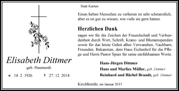 Traueranzeige von Elisabeth Dittmer von KRZ