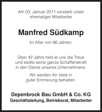 Traueranzeige von Manfred Südkamp von KREISZEITUNG SYKE