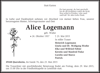 Traueranzeige von Alice Logemann von KRZ