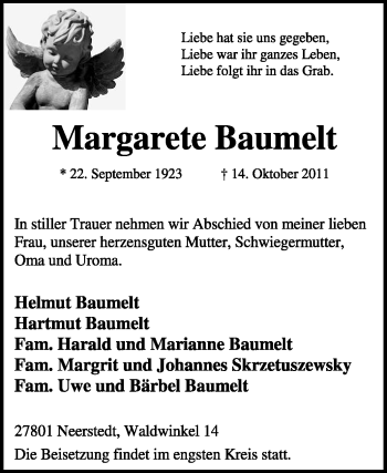 Traueranzeige von Margarete Baumelt von KREISZEITUNG SYKE