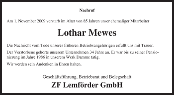 Traueranzeige von Lothar Mewes von KREISZEITUNG SYKE