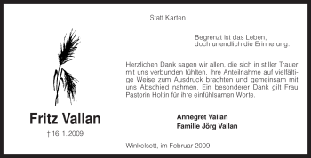 Traueranzeige von Fritz Vallan von KREISZEITUNG SYKE