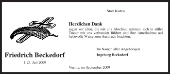 Traueranzeige von Friedrich Beckedorf von KREISZEITUNG SYKE