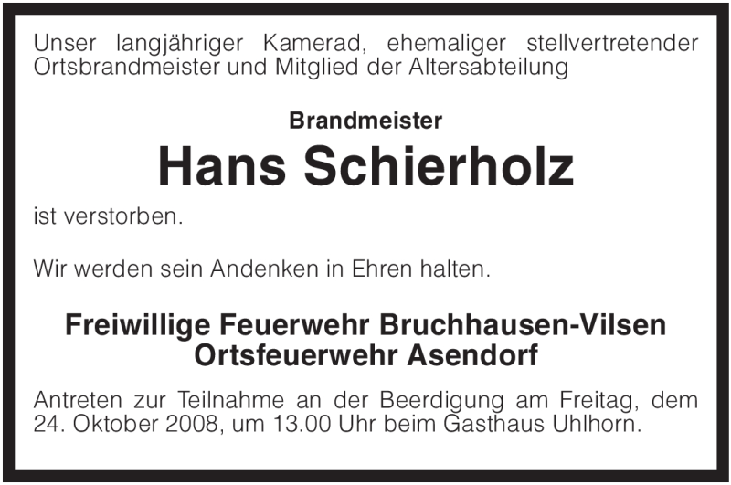  Traueranzeige für Hans Schierholz vom 22.10.2008 aus KREISZEITUNG SYKE