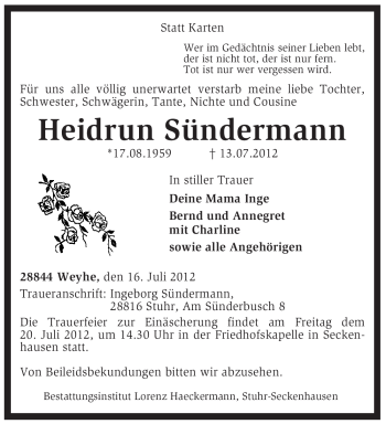 Traueranzeige von Heidrun Sündermann von KREISZEITUNG SYKE