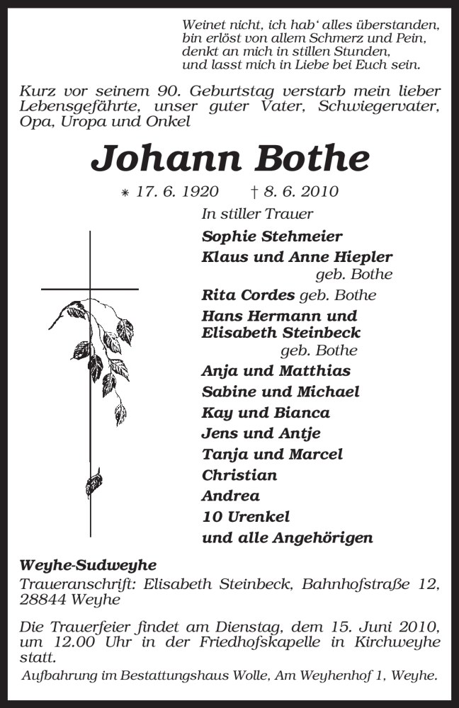  Traueranzeige für Johann Bothe vom 11.06.2010 aus KREISZEITUNG SYKE