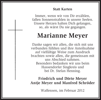 Traueranzeige von Marianne Meyer von KREISZEITUNG SYKE