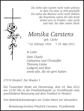 Traueranzeige von Monika Carstens von KREISZEITUNG SYKE