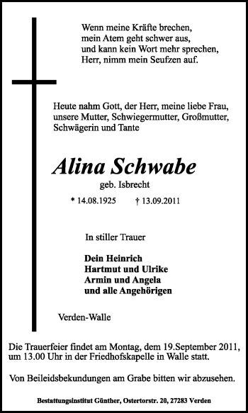 Traueranzeige von Alina Schwabe von KREISZEITUNG SYKE