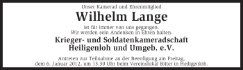 Traueranzeige von Wilhelm Lange von KREISZEITUNG SYKE