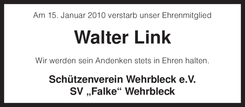  Traueranzeige für Walter Link vom 20.01.2010 aus KREISZEITUNG SYKE