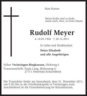 Traueranzeige von Rudolf Meyer von KREISZEITUNG SYKE