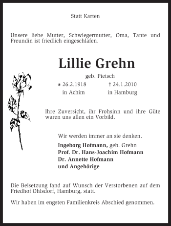 Traueranzeige von Lillie Grehn von KREISZEITUNG SYKE