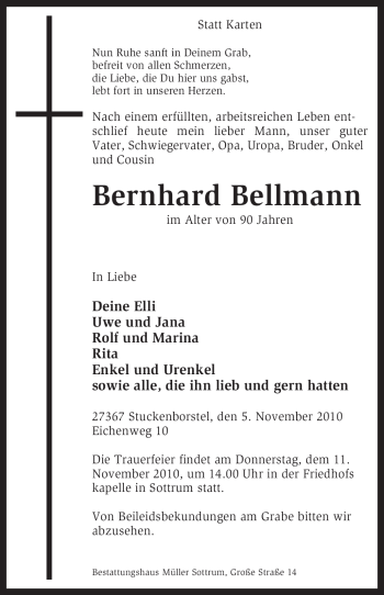 Traueranzeige von Bernhard Bellmann von KREISZEITUNG SYKE