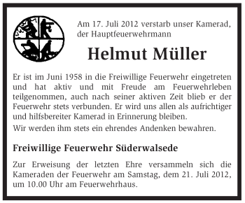 Traueranzeige von Helmut Müller von KREISZEITUNG SYKE