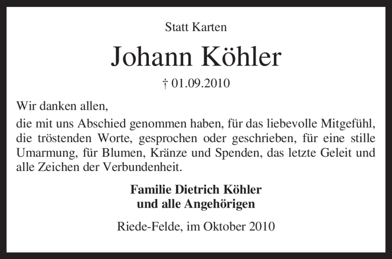  Traueranzeige für Johann Köhler vom 16.10.2010 aus KREISZEITUNG SYKE