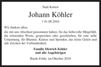 Traueranzeige von Johann Köhler von KREISZEITUNG SYKE