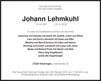 Traueranzeige von Johann Lehmkuhl von KREISZEITUNG SYKE