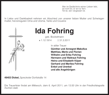 Traueranzeige von Ida Fohring von KREISZEITUNG SYKE