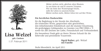 Traueranzeige von Lisa Welzel von KREISZEITUNG SYKE