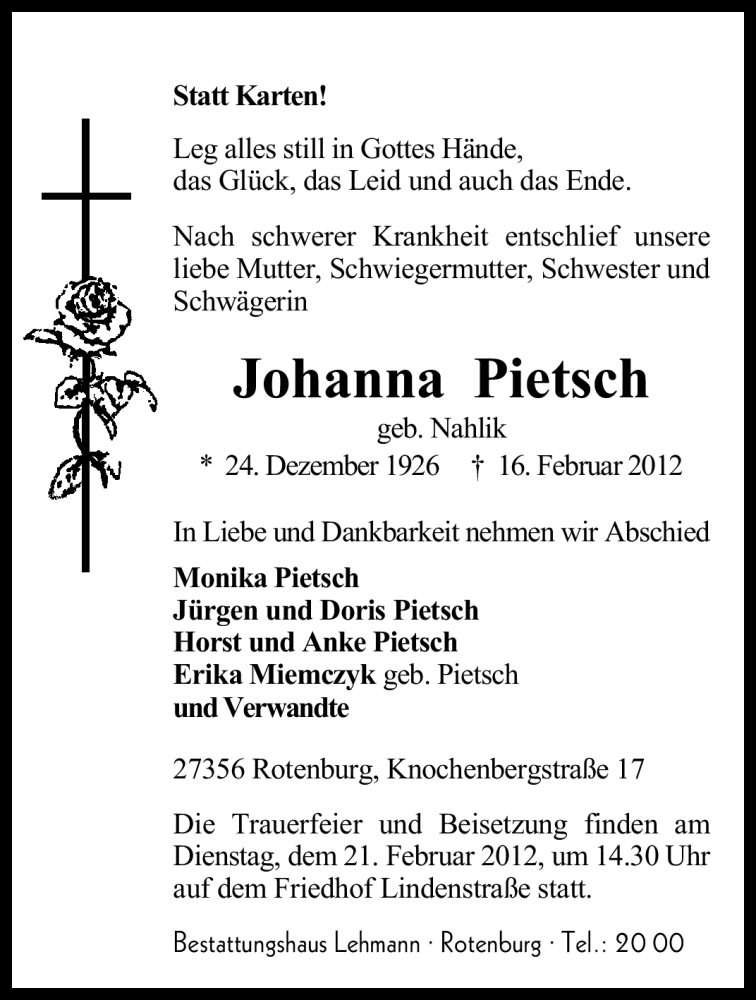  Traueranzeige für Johanna Pietsch vom 18.02.2012 aus KREISZEITUNG SYKE