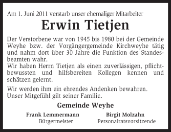 Traueranzeige von Erwin Tietjen von KREISZEITUNG SYKE