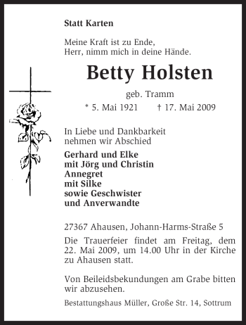 Traueranzeige von Betty Holsten von KREISZEITUNG SYKE