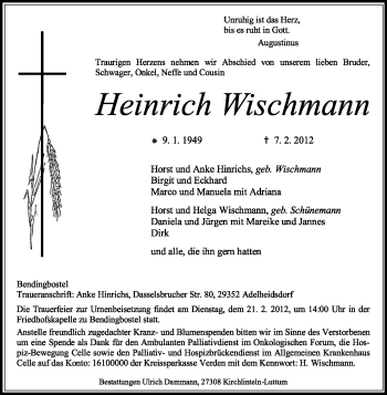 Traueranzeige von Heinrich Wischmann von KREISZEITUNG SYKE