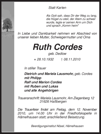 Traueranzeige von Ruth Cordes von KREISZEITUNG SYKE