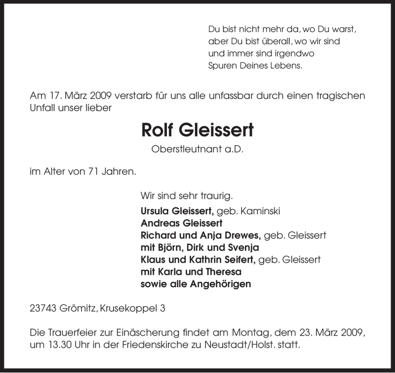  Traueranzeige für Rolf Gleissert vom 20.03.2009 aus KREISZEITUNG SYKE