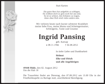 Traueranzeige von Ingrid Pansing von KREISZEITUNG SYKE