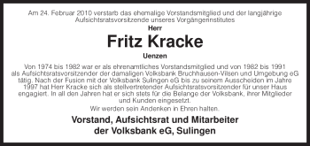 Traueranzeige von Fritz Kracke von KREISZEITUNG SYKE