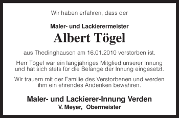 Traueranzeige von Albert Tögel von KREISZEITUNG SYKE