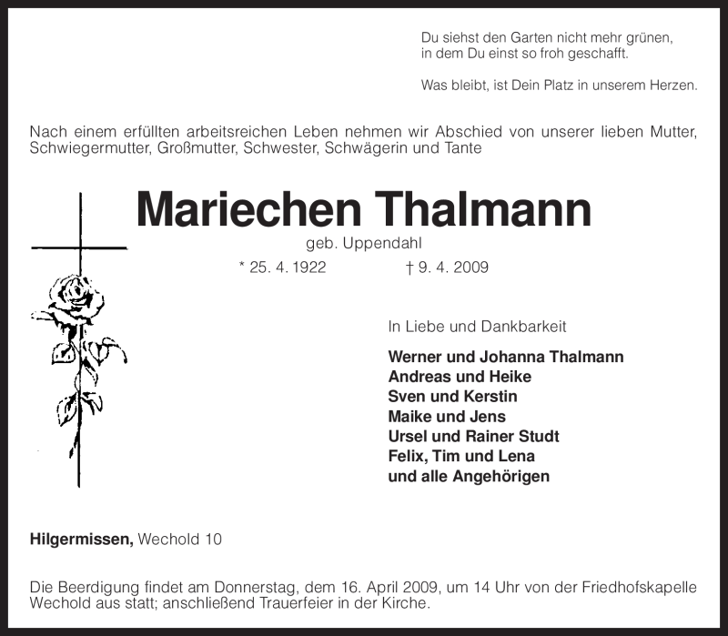  Traueranzeige für Mariechen Thalmann vom 11.04.2009 aus KREISZEITUNG SYKE