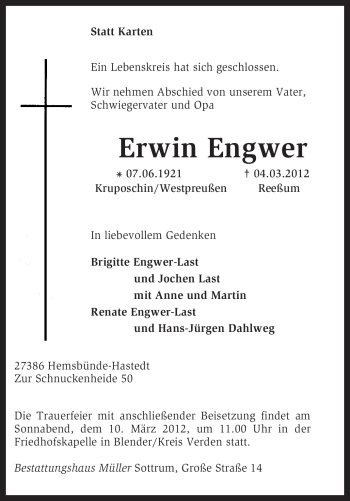 Traueranzeige von Erwin Engwer von KREISZEITUNG SYKE