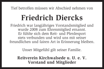 Traueranzeige von Friedrich Diercks von KREISZEITUNG SYKE