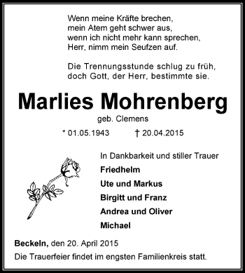 Traueranzeige von Marlies Mohrenberg von KRZ