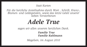 Traueranzeige von Adele True von KREISZEITUNG SYKE