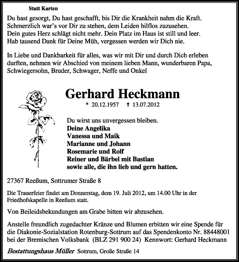  Traueranzeige für Gerhard Heckmann vom 16.07.2012 aus KREISZEITUNG SYKE
