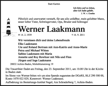 Traueranzeige von Werner Laakmann von KREISZEITUNG SYKE