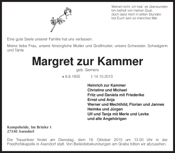 Traueranzeige von Margret zur Kammer von KREISZEITUNG SYKE