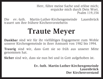 Traueranzeige von Traute Meyer von KREISZEITUNG SYKE