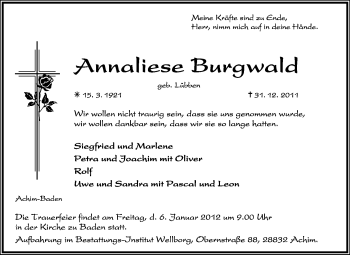 Traueranzeige von Annaliese Burgwald von KREISZEITUNG SYKE