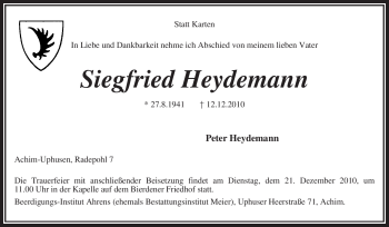 Traueranzeige von Siegfried Heydemann von KREISZEITUNG SYKE