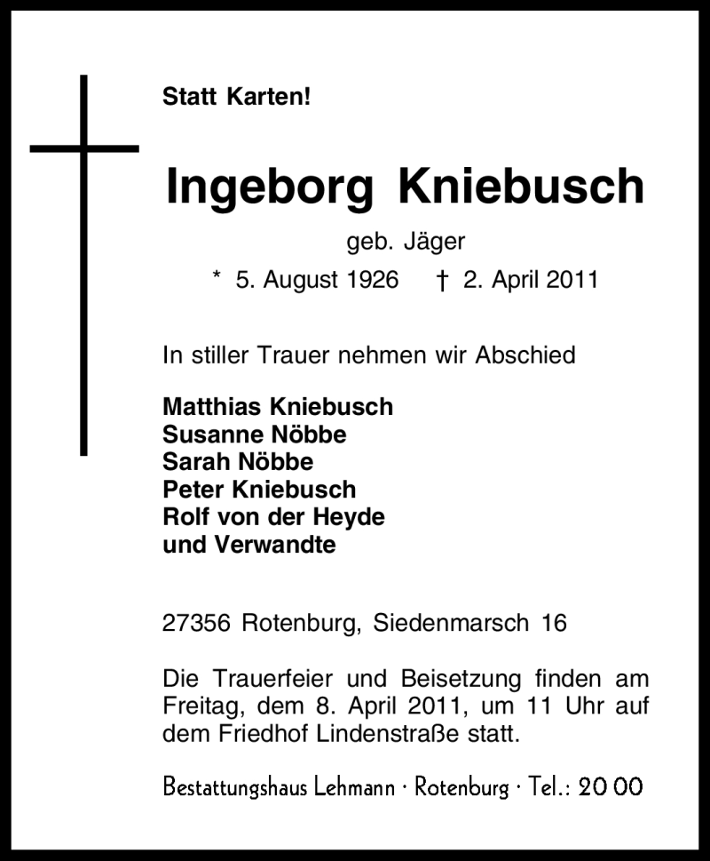  Traueranzeige für Ingeborg Kniebusch vom 06.04.2011 aus KREISZEITUNG SYKE