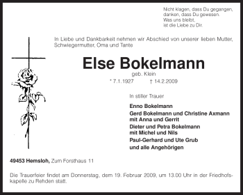 Traueranzeige von Else Bokelmann von KREISZEITUNG SYKE