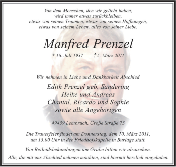 Traueranzeige von Manfred Prenzel von KREISZEITUNG SYKE