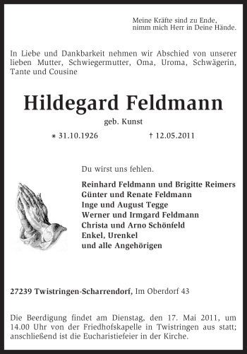 Traueranzeige von Hildegard Feldmann von KREISZEITUNG SYKE