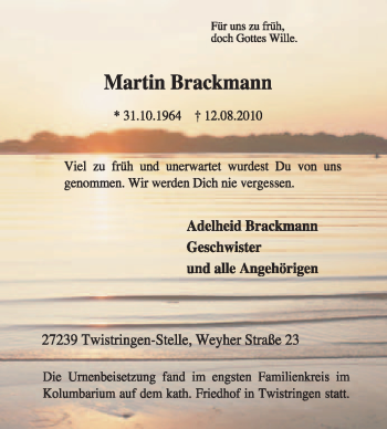 Traueranzeige von Martin Brackmann von KREISZEITUNG SYKE